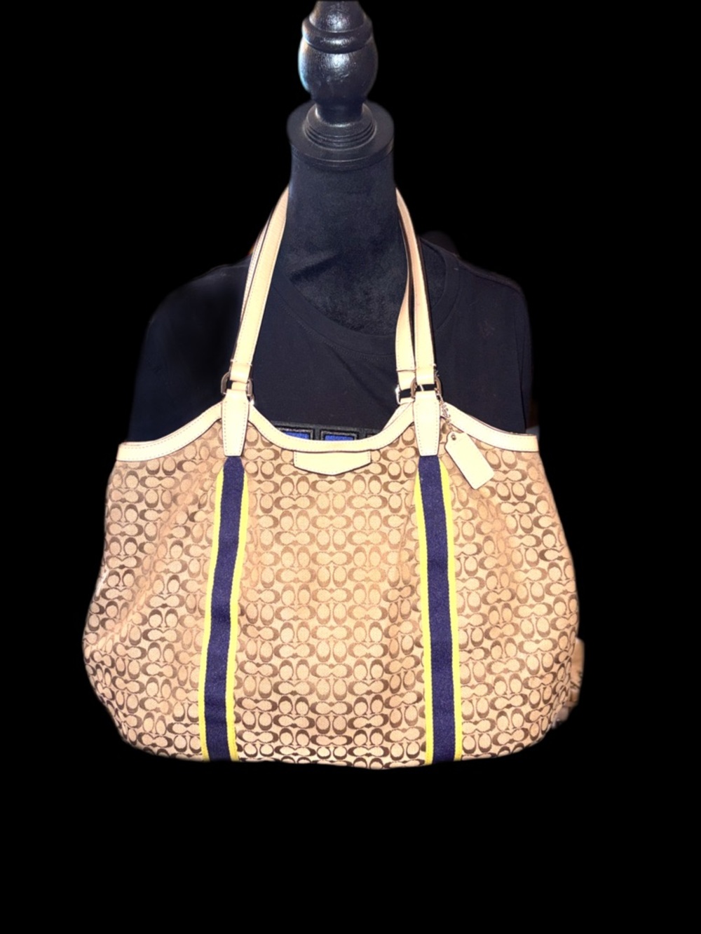 Coach Khaki Signature Tote with Navy and Yellow Stripe